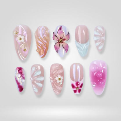 Garden Bloom floral press-on nails - almond shape, front view