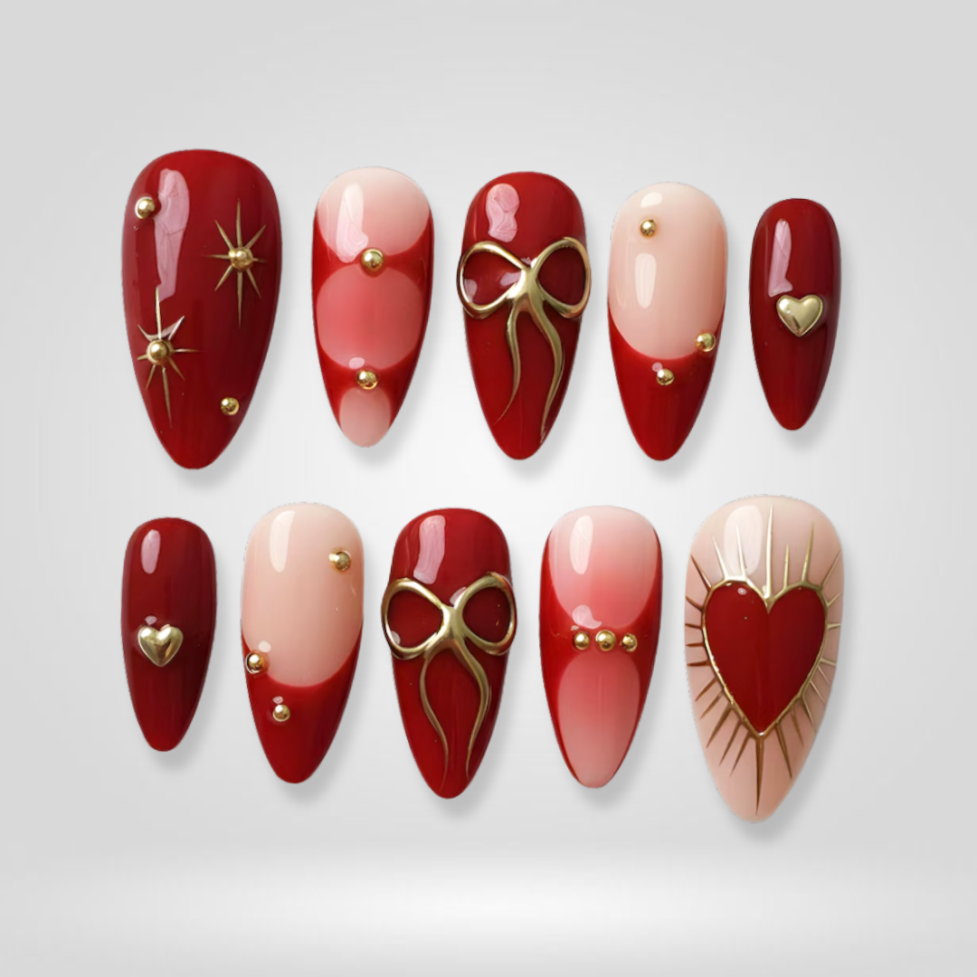Cupid Kiss seasonal press-on nails - almond shape, front view