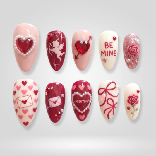 Love Letter seasonal press-on nails - almond shape, front view