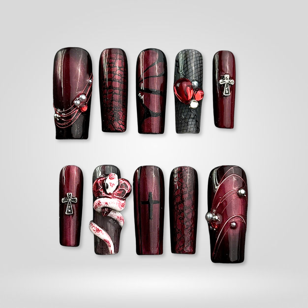 Midnight Spell press-on nails on hand - lifestyle photo, pearl-shift finish