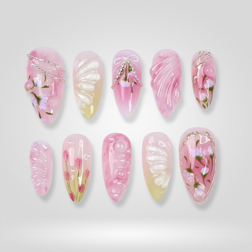 Pearl Glow milky cloud dancer press-on nails - almond shape, front view