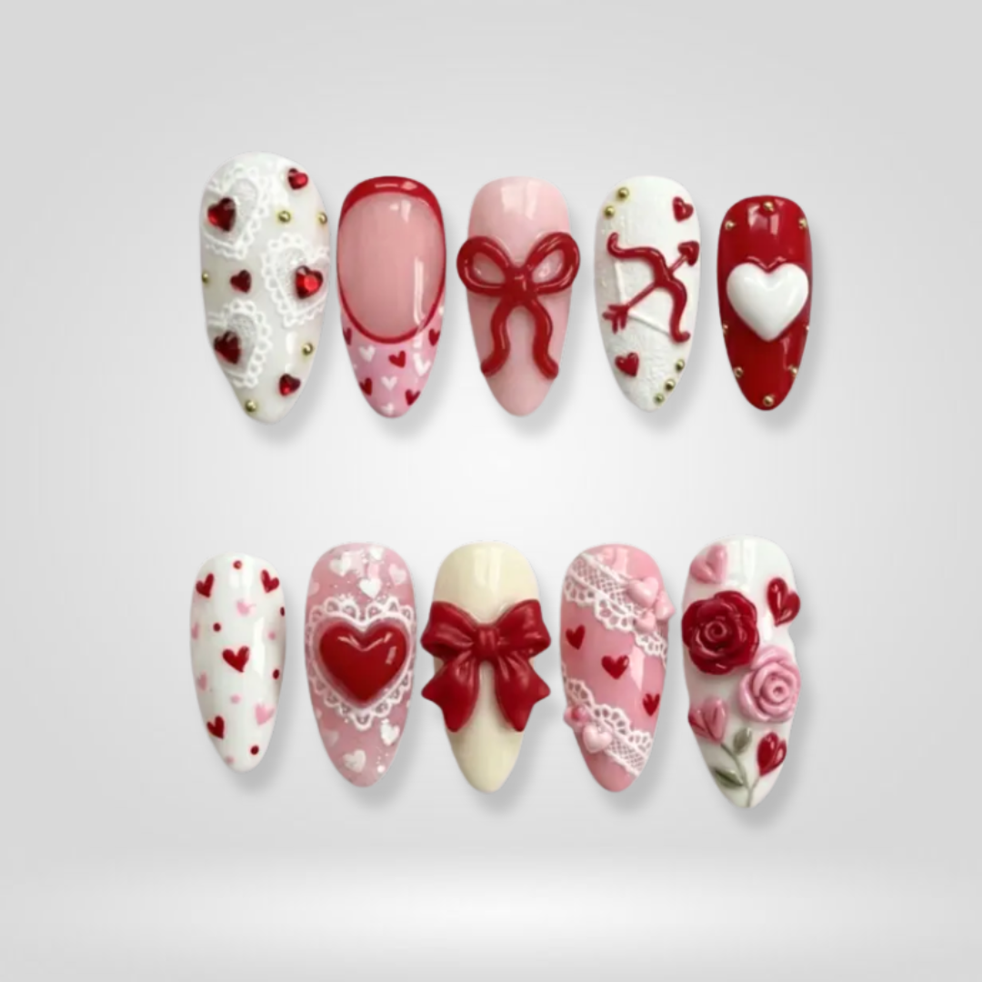 Blush Ribbon seasonal press-on nails - almond shape, front view
