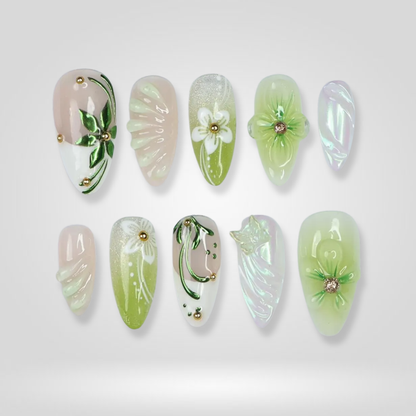 Petal Veil floral press-on nails - almond shape, front view