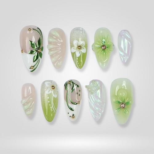 Petal Veil floral press-on nails - almond shape, front view