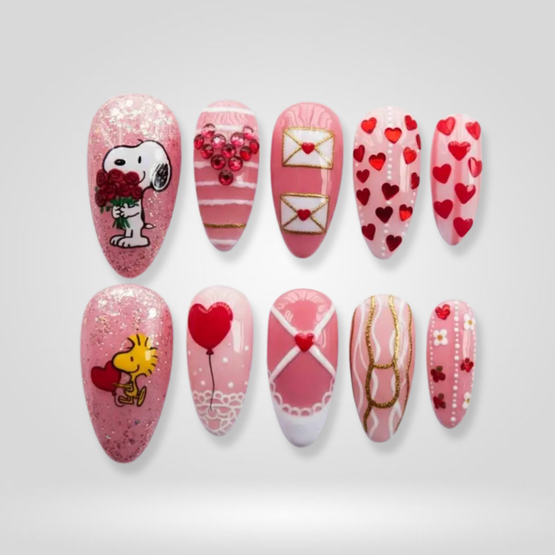 Heart Charm seasonal press-on nails - almond shape, front view
