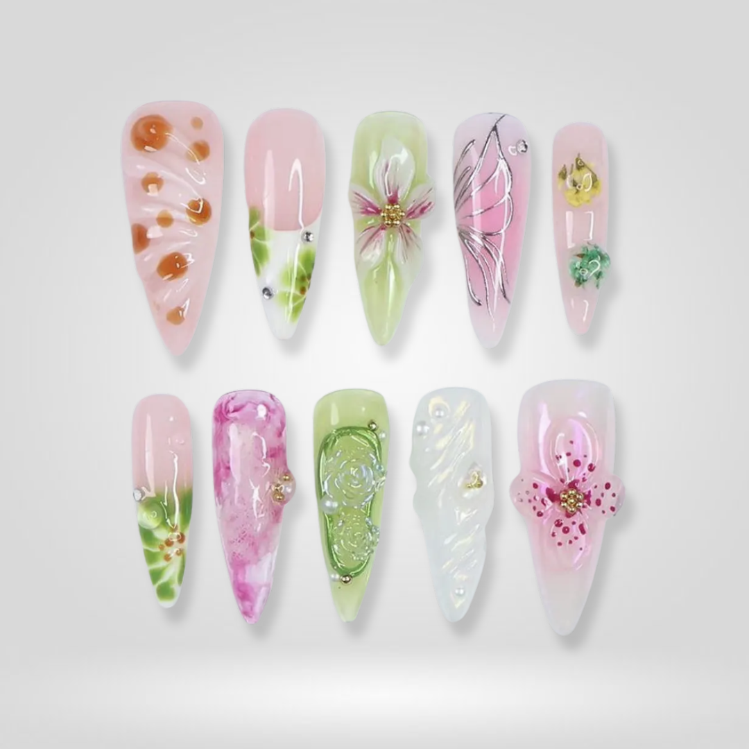 Rosy Drift floral press-on nails - almond shape, front view