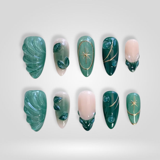 Honey Blossom floral press-on nails - almond shape, front view