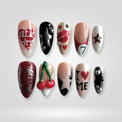 Cherry Love berry press-on nails - almond shape, front view