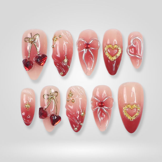 Golden Heart seasonal press-on nails - almond shape, front view