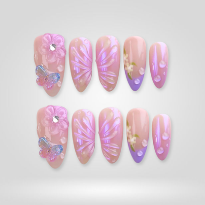 Vintage Pink floral press-on nails - almond shape, front view
