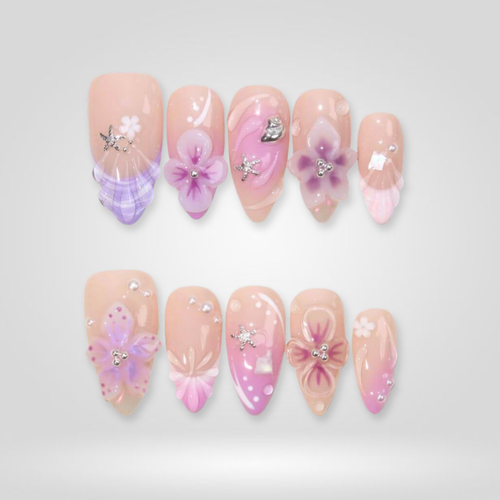 Lilac Drift floral press-on nails - almond shape, front view