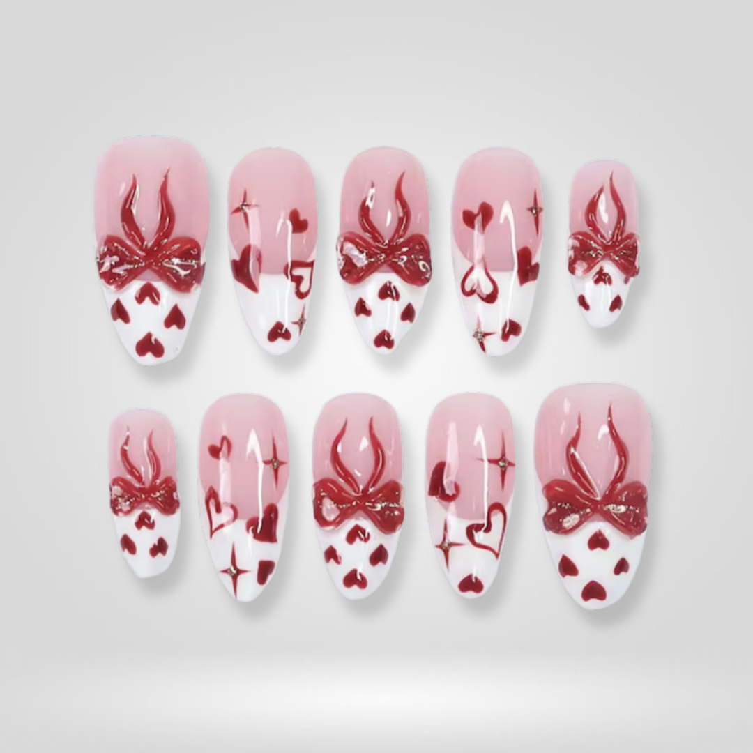 Heart Frame seasonal press-on nails - almond shape, front view
