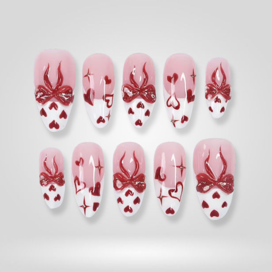 Heart Frame seasonal press-on nails - almond shape, front view