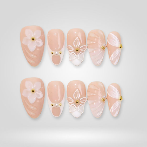 Aurora Soft floral press-on nails - almond shape, front view