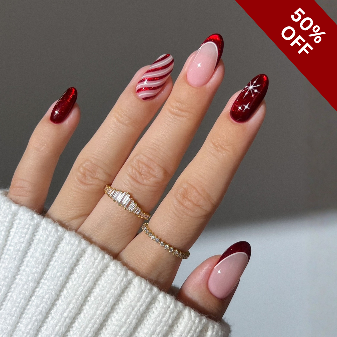 Holiday Sparkle press-on nails on hand - lifestyle photo, ombre gradient finish