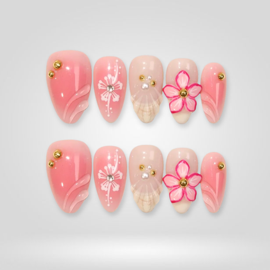 Cloud Muse floral press-on nails - almond shape, front view