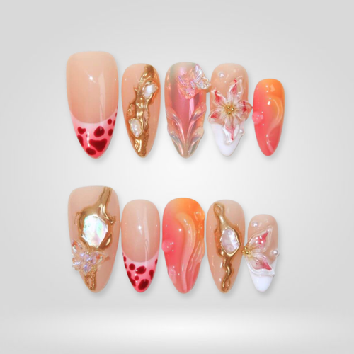 Whisper Shell floral press-on nails - almond shape, front view