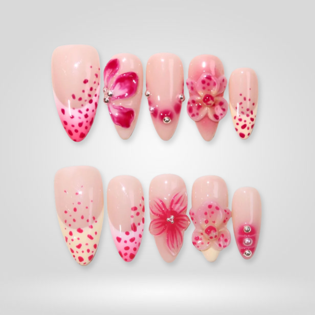 Angel Dew floral press-on nails - almond shape, front view