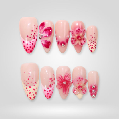 Angel Dew floral press-on nails - almond shape, front view