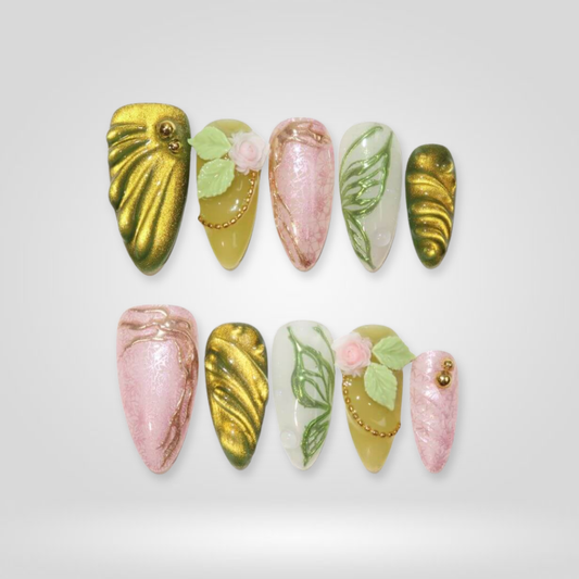 Dream Veil floral press-on nails - almond shape, front view