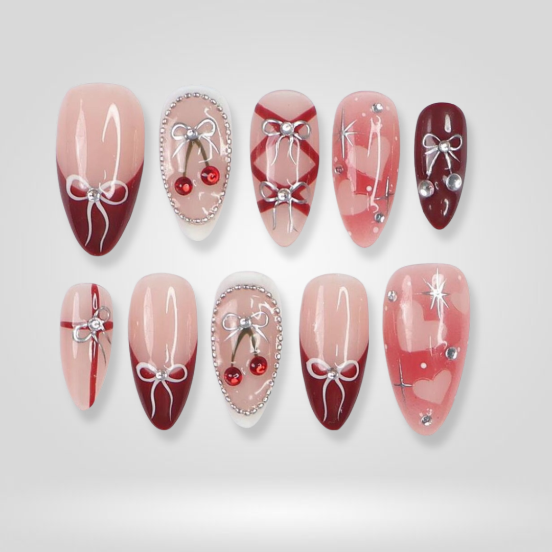 Rosy Spark sparkle press-on nails - almond shape, front view