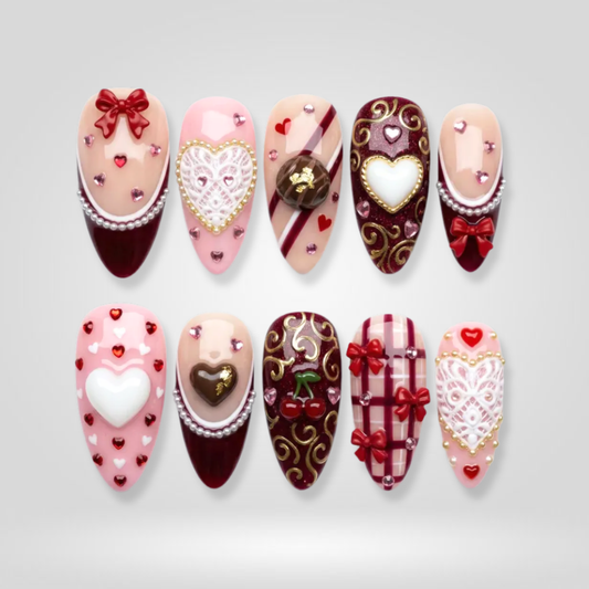 Crimson Lace seasonal press-on nails - almond shape, front view