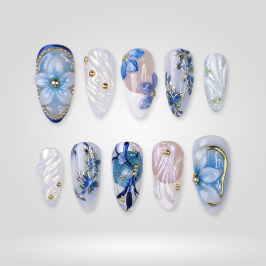 Gentle Air floral press-on nails - almond shape, front view