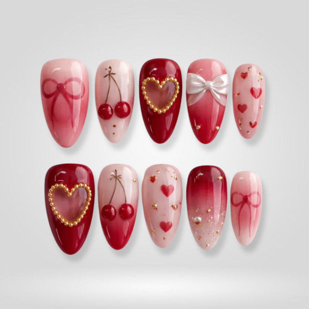 Cupid Glow seasonal press-on nails - almond shape, front view