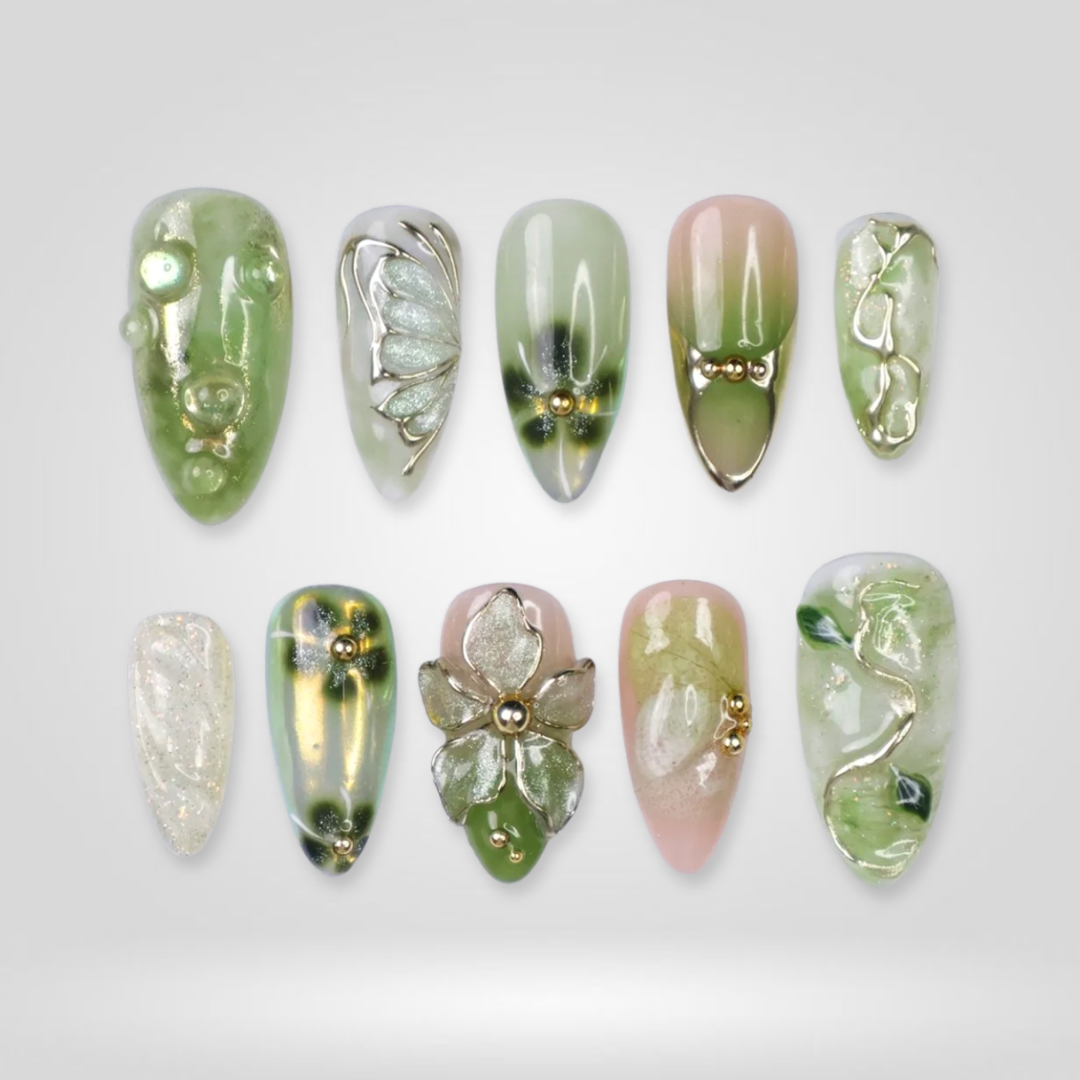Garden Veil floral press-on nails - almond shape, front view
