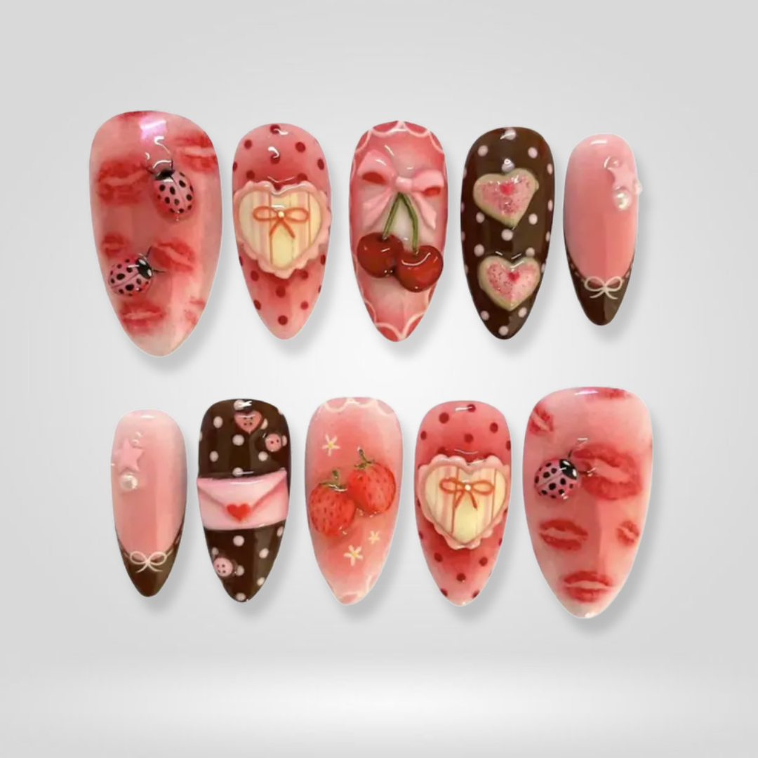 Lace Love seasonal press-on nails - almond shape, front view