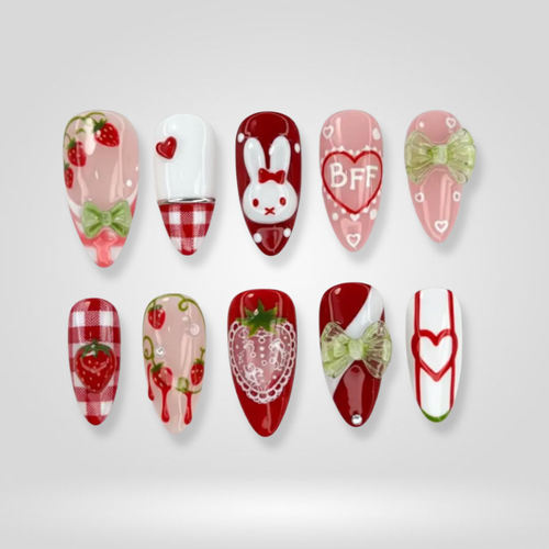 Heart Whisper seasonal press-on nails - almond shape, front view