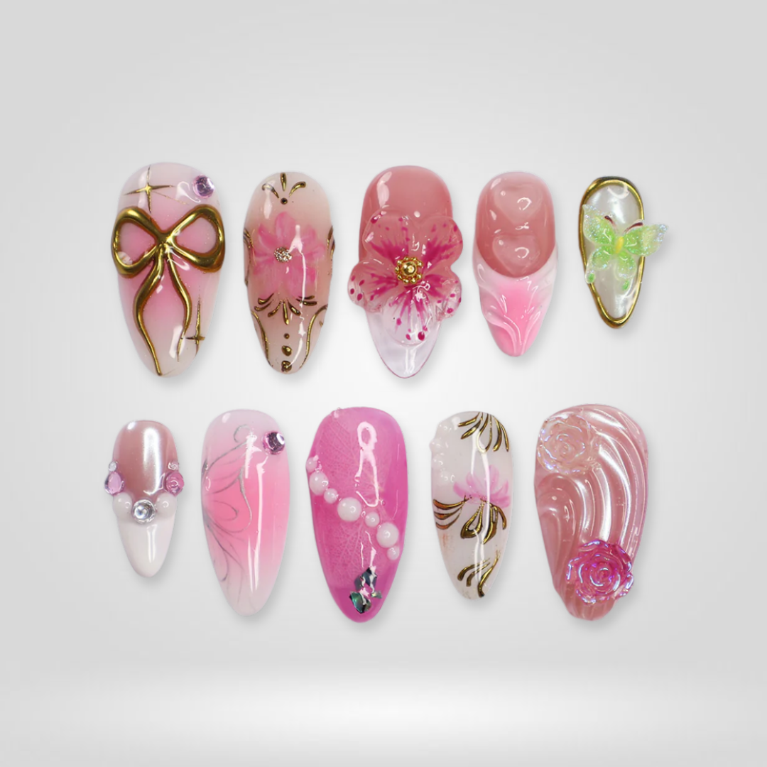 Spring Dew floral press-on nails - almond shape, front view