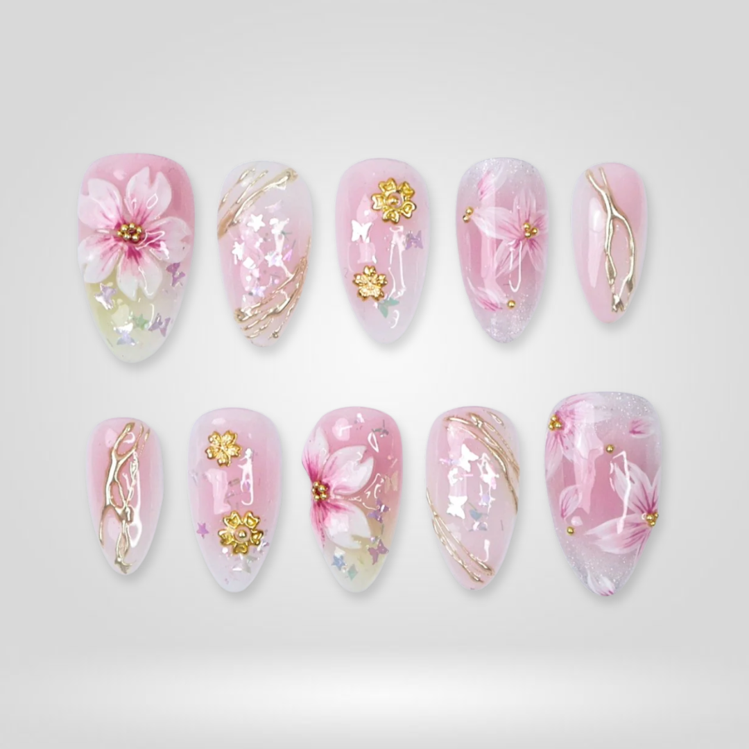 Rose Drift floral press-on nails - almond shape, front view