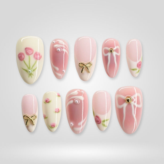 Meadow Line floral press-on nails - almond shape, front view