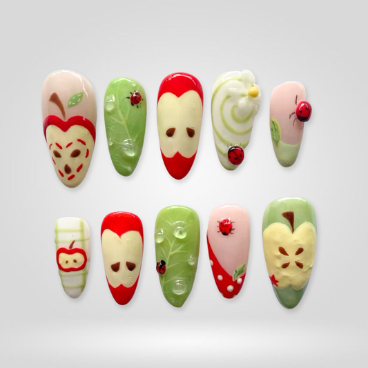 Apple Charm floral press-on nails - almond shape, front view