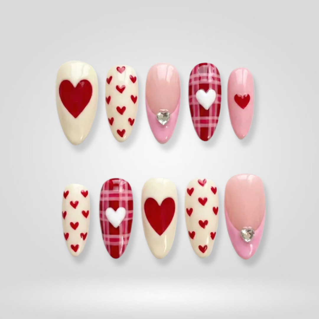 Candy Heart seasonal press-on nails - almond shape, front view