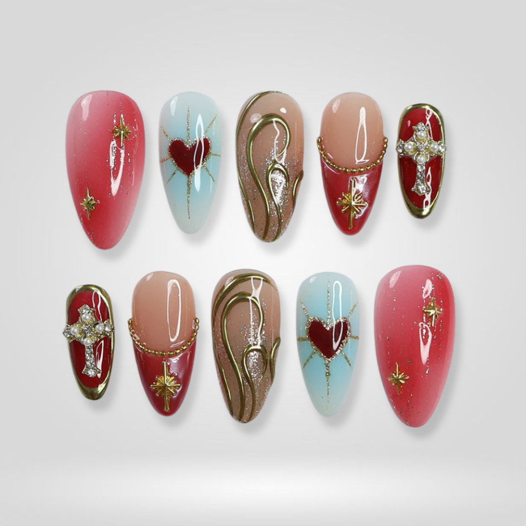 Rosy Dream seasonal press-on nails - almond shape, front view