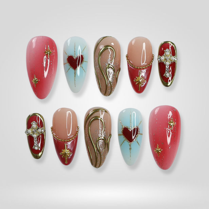 Rosy Dream seasonal press-on nails - almond shape, front view