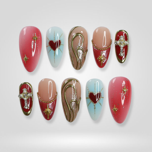 Rosy Dream seasonal press-on nails - almond shape, front view