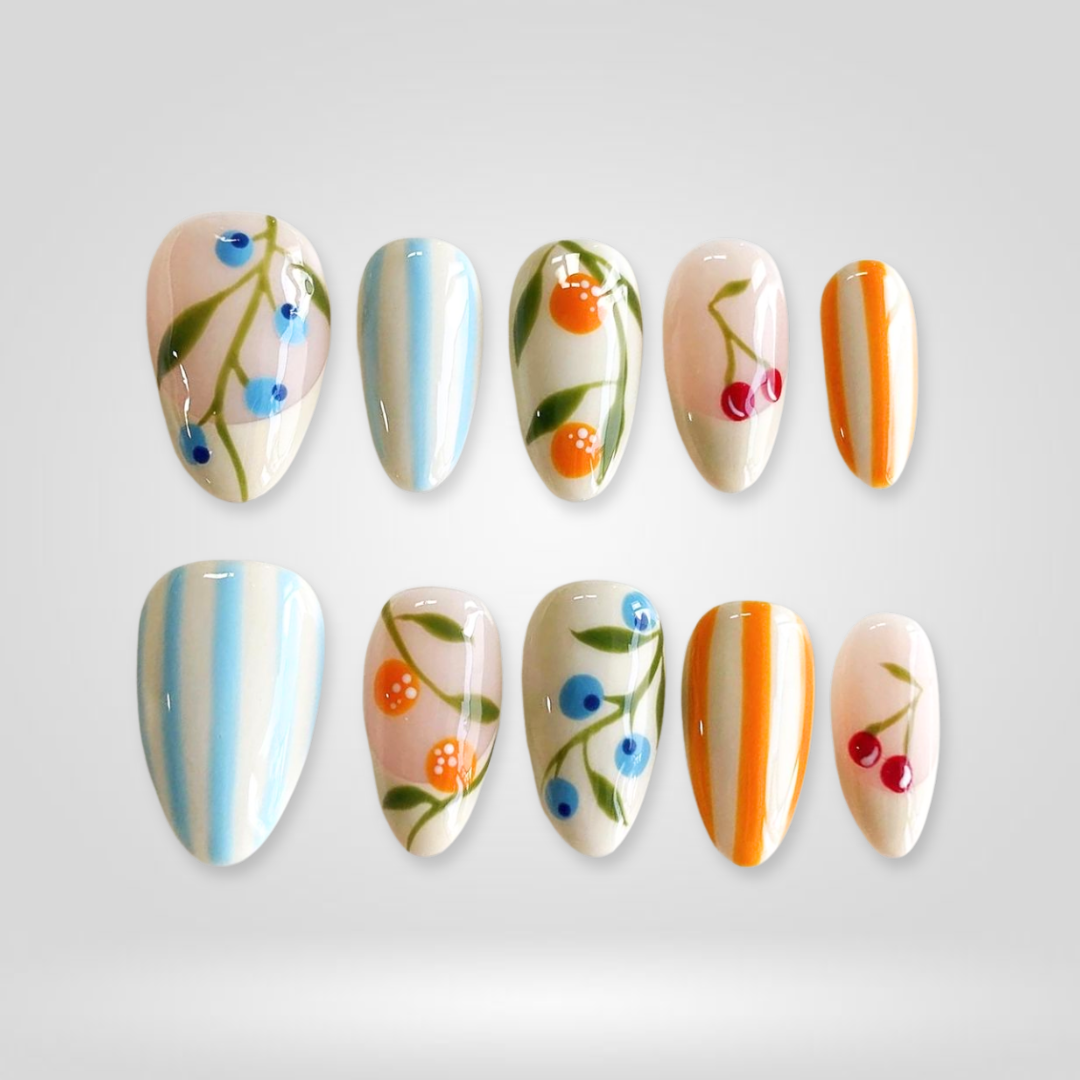 Cherry Bloom floral press-on nails - almond shape, front view
