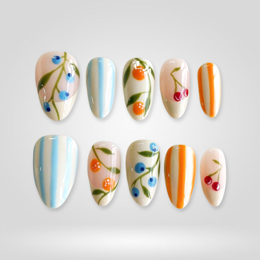 Cherry Bloom floral press-on nails - almond shape, front view