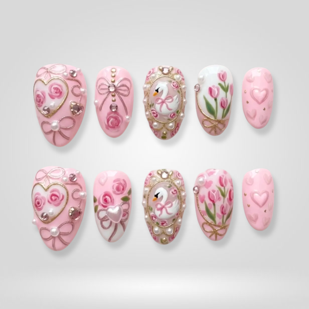 Swan Bloom floral press-on nails - almond shape, front view