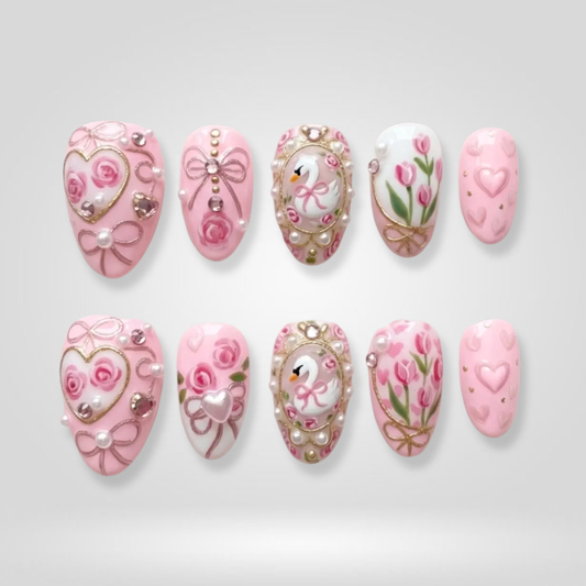 Swan Bloom floral press-on nails - almond shape, front view