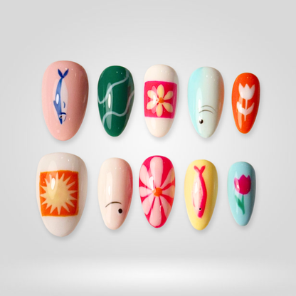 Blue Koi floral press-on nails - almond shape, front view