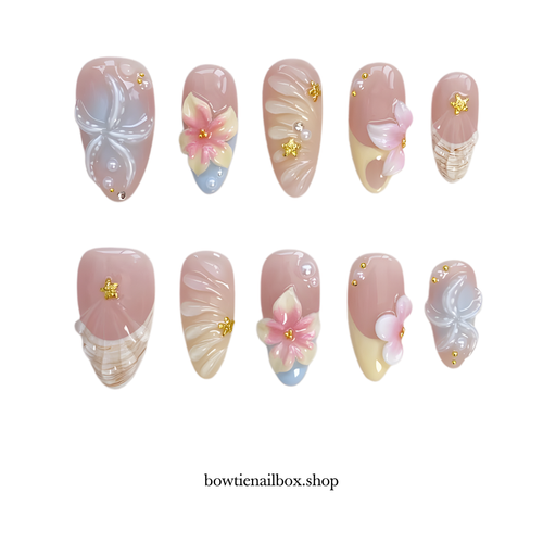 PETAL PIXIE floral press-on nails - almond shape, front view