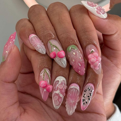 Sweet Garden press-on nails close-up texture detail - floral finish, US shipping