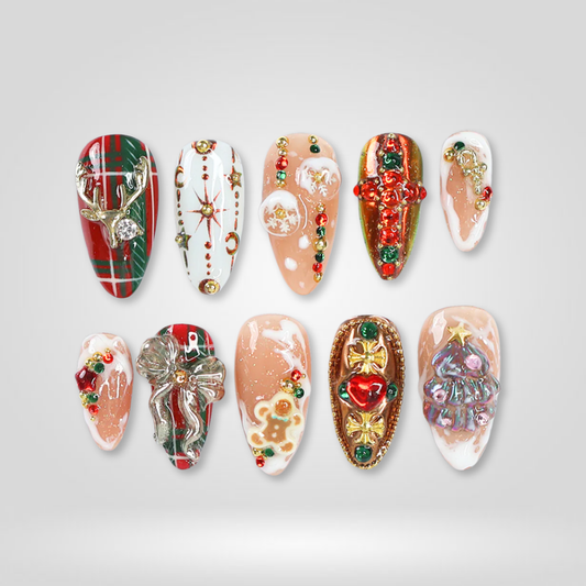 Holiday Glow seasonal press-on nails - almond shape, front view