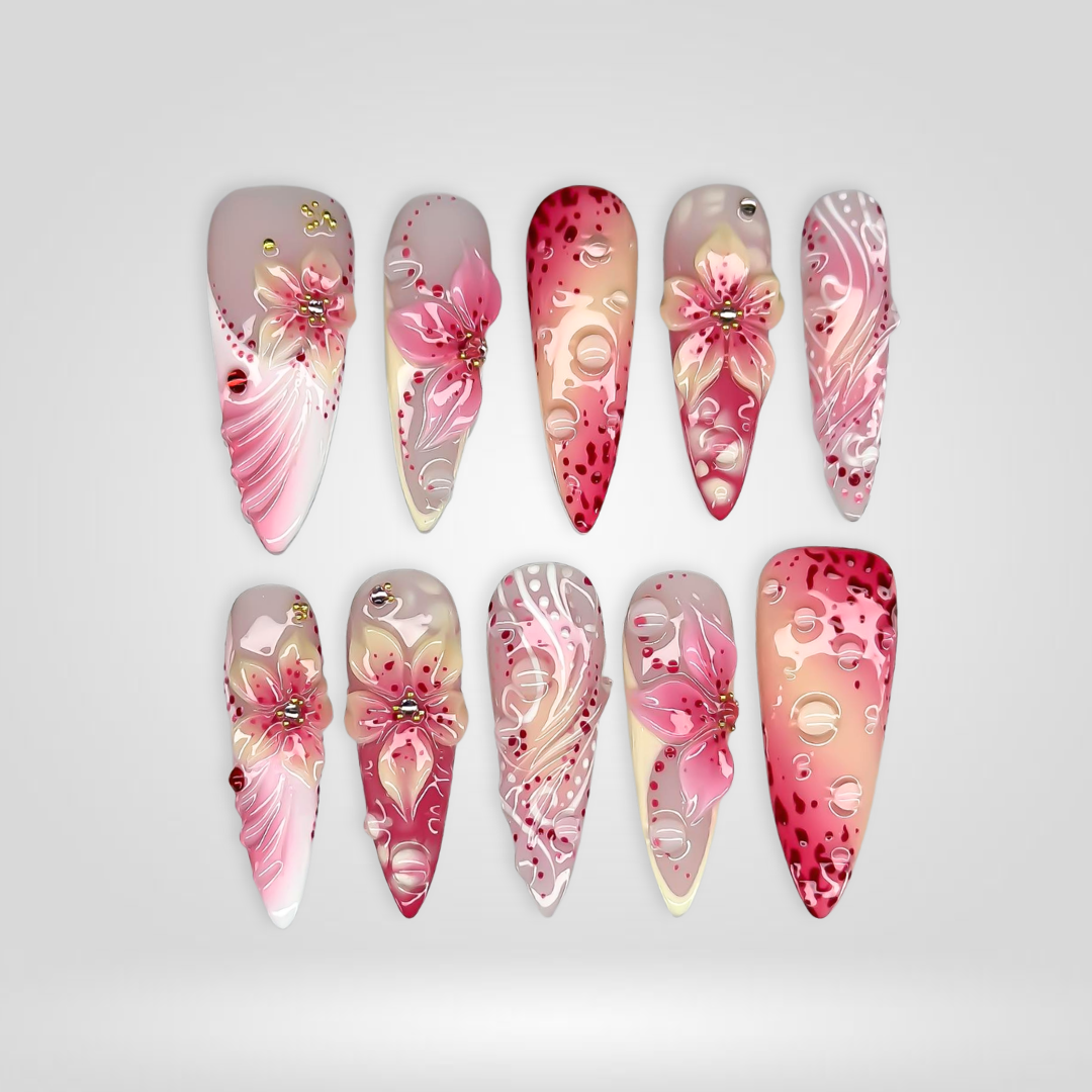 Tropical Blossom press-on nails close-up texture detail - cat-eye velvet finish, US shipping