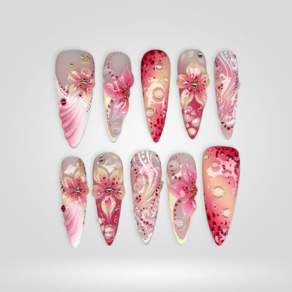 Tropical Blossom press-on nails close-up texture detail - cat-eye velvet finish, US shipping