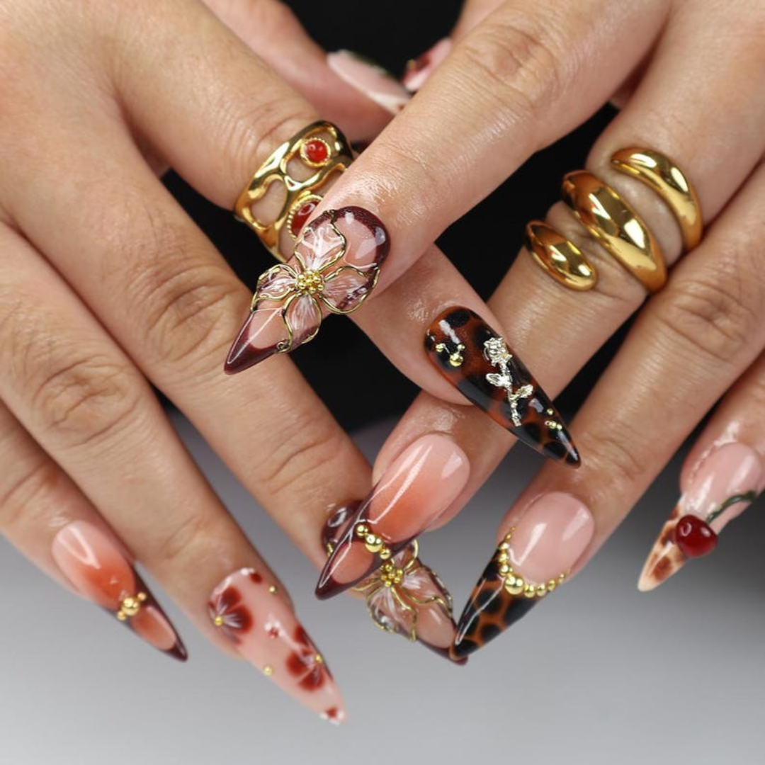 Petal Rush floral press-on nails - almond shape, front view